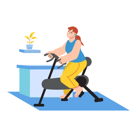 Mulher andando de bicicleta na academia  Ilustração
