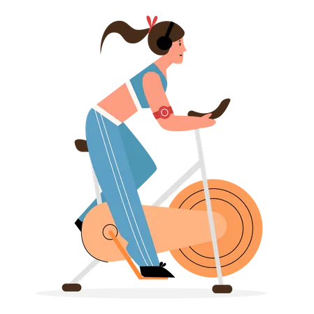 Mulher andando de bicicleta na academia  Ilustração