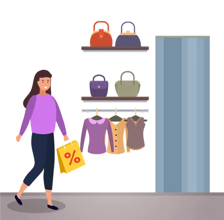 Mulher fazendo compras com desconto  Ilustração