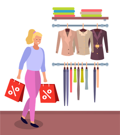 Mulher fazendo compras com desconto  Ilustração