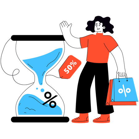 Mulher fazendo compras com desconto por tempo limitado  Ilustração
