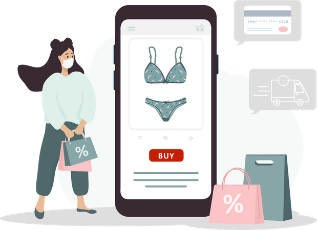 Mulher fazendo compras online de lingerie  Ilustração