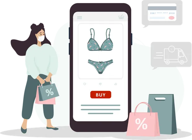 Mulher fazendo compras online de lingerie  Ilustração