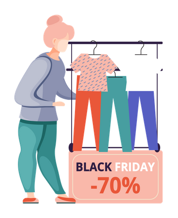 Mulher fazendo compras de roupas na sexta-feira negra  Ilustração