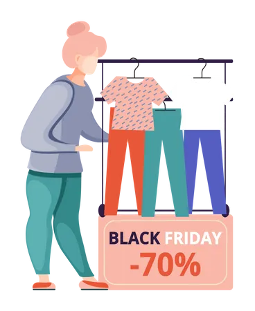 Mulher fazendo compras de roupas na sexta-feira negra  Ilustração