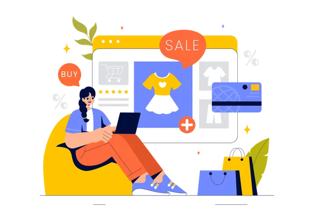 Mulher fazendo compras de roupas online  Illustration