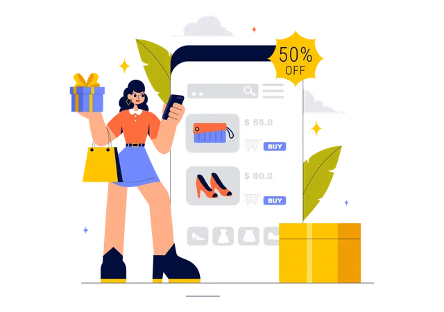 Mulher fazendo compras de roupas online  Illustration