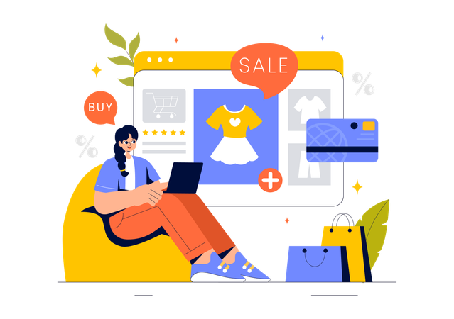 Mulher fazendo compras de roupas online  Ilustração