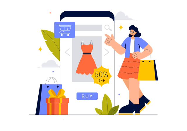Mulher fazendo compras de roupas online  Ilustração