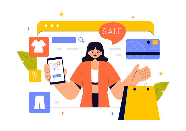 Mulher fazendo compras de roupas online  Ilustração