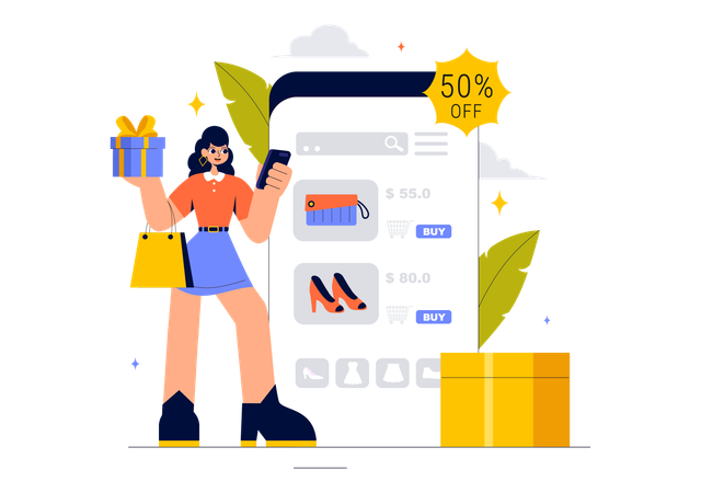 Mulher fazendo compras de roupas online  Ilustração