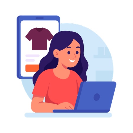 Mulher fazendo compras de roupas online  Ilustração