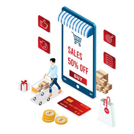 Mulher fazendo compras durante a venda de compras on-line  Ilustração