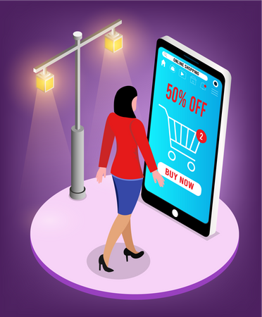 Mulher fazendo compras durante a venda de compras on-line  Ilustração