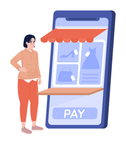Mulher fazendo compras em loja de roupas online  Ilustração