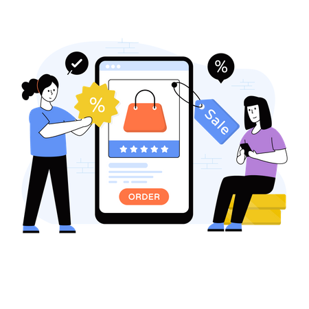 Mulher fazendo compras na venda on-line  Ilustração