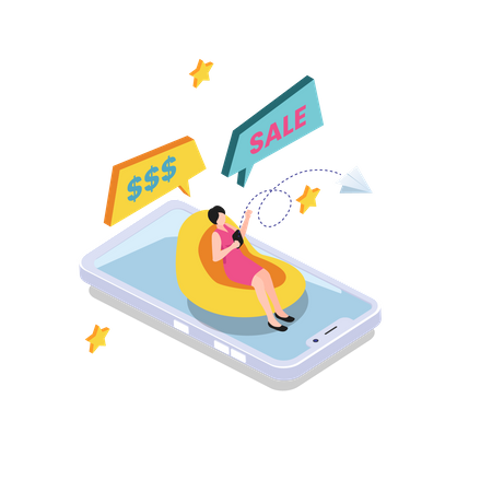 Mulher fazendo compras na venda on-line  Ilustração