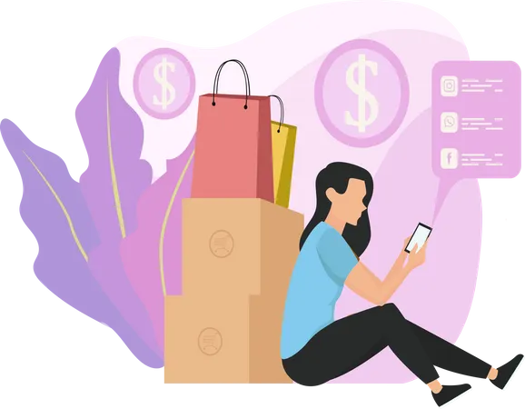 Mulher fazendo compras no celular  Ilustração