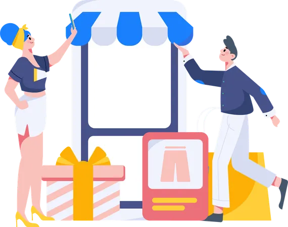 Mulher fazendo compras no aplicativo móvel  Ilustração