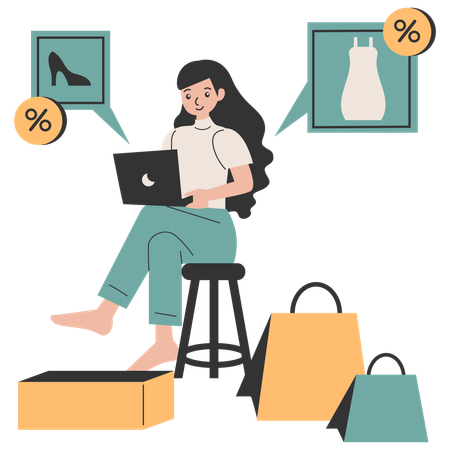 Mulher fazendo compras on-line com desconto  Ilustração