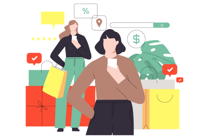 Mulher fazendo compras on-line  Ilustração