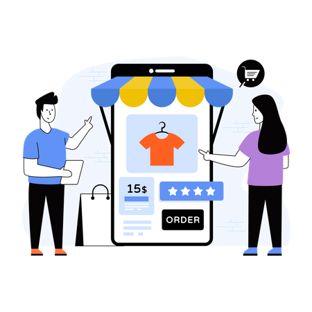Mulher fazendo compras on-line usando aplicativo para smartphone  Ilustração