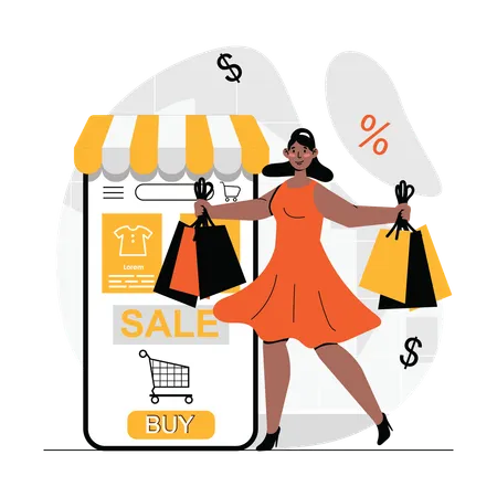 Mulher fazendo compras on-line  Ilustração