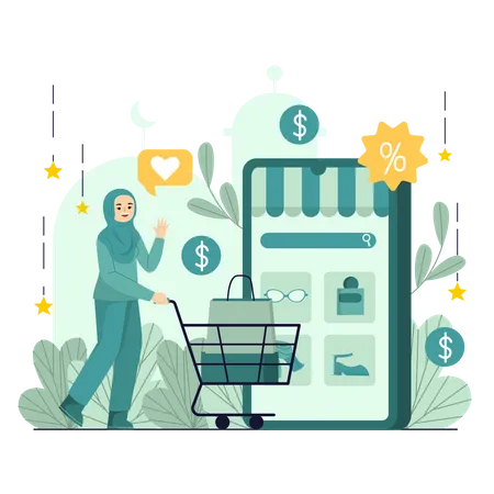 Mulher fazendo compras on-line  Ilustração