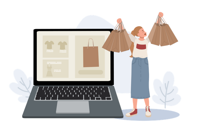Mulher fazendo compras on-line através de um laptop  Ilustração