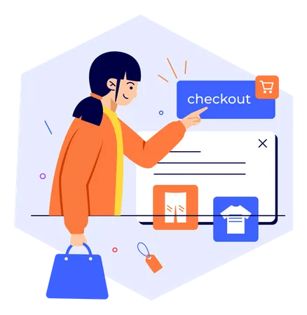 Mulher fazendo checkout de compras on-line  Ilustração