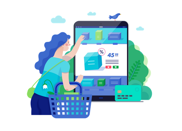 Mulher fazendo compras online  Ilustração