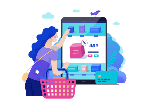 Mulher fazendo compras online  Ilustração