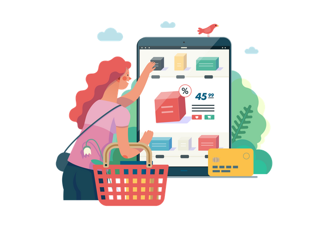 Mulher fazendo compras online  Ilustração