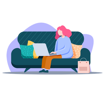 Mulher fazendo compras online no sofá  Ilustração