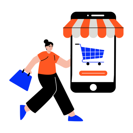Mulher fazendo compras online pelo celular  Ilustração