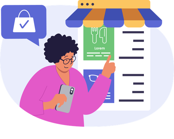 Mulher fazendo compras online usando o telefone  Ilustração