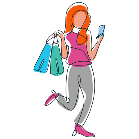 Mulher fazendo compras online usando smartphone  Ilustração
