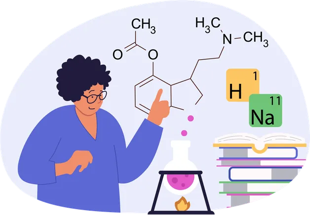 Mulher fazendo experimento em laboratório de ciências  Ilustração