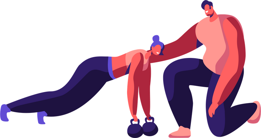 Mulher fazendo flexões no Kettlebell com treinador masculino  Ilustração