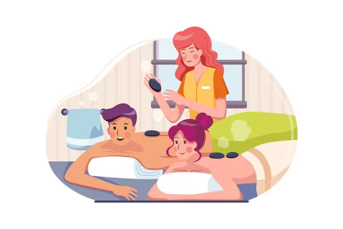 Mulher fazendo massagem terapêutica com pedras para casal  Ilustração
