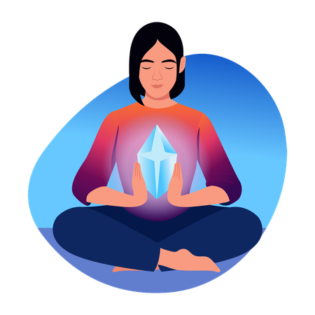 Mulher praticando meditação com cristais  Ilustração