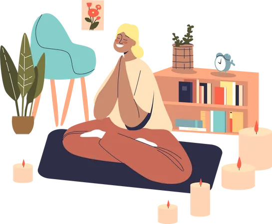 Mulher Feliz Pratica Meditacao Em Casa Mulher Jovem Relaxada Sentada Em Pose De Lotus Yoga Zen Com Pernas Cruzadas Meditando E Relaxando Atencao Plena E Bem Estar Ilustracao Em Vetor Plana Dos Desenhos Animados Ilustração