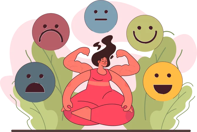 Mulher fazendo forte meditação e controlando emoções  Ilustração