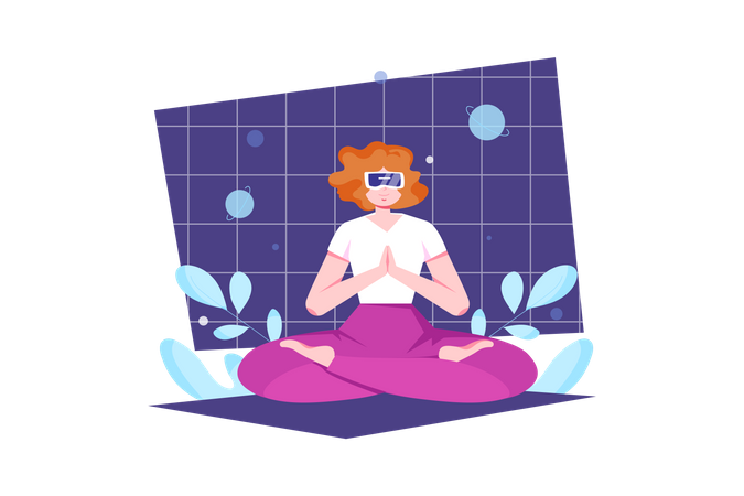 Mulher fazendo meditação no metaverso  Ilustração