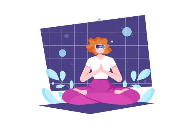 Mulher fazendo meditação no metaverso  Ilustração