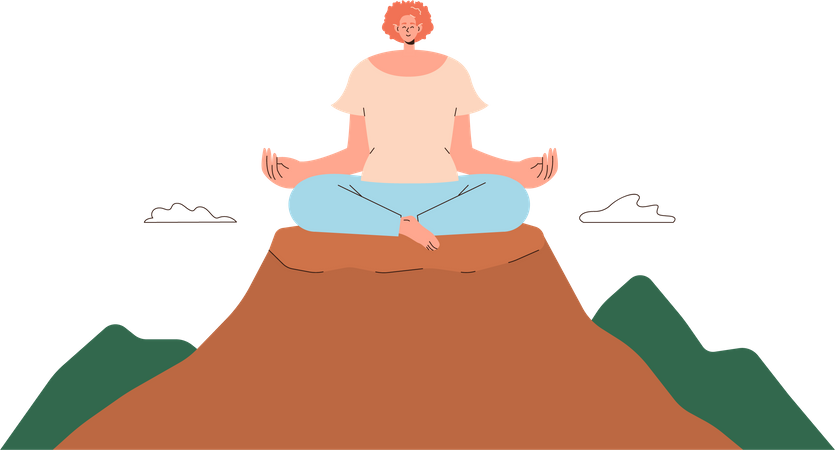 Mulher meditando em pose de lótus e respirando no topo da montanha  Ilustração