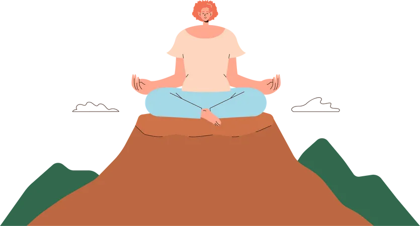 Mulher meditando em pose de lótus e respirando no topo da montanha  Ilustração