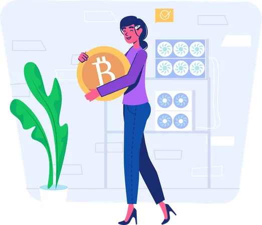 Mulher fazendo mineração de Bitcoin usando servidor  Ilustração