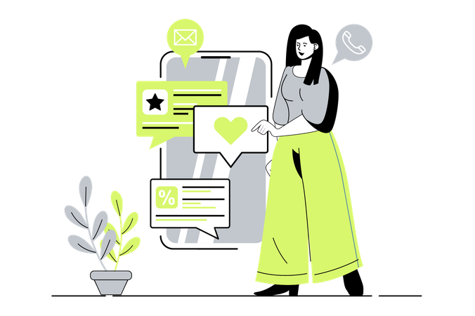 Mulher fazendo novas postagens com informações publicitárias  Illustration