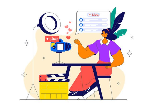 Mulher fazendo podcast de transmissão ao vivo  Ilustração